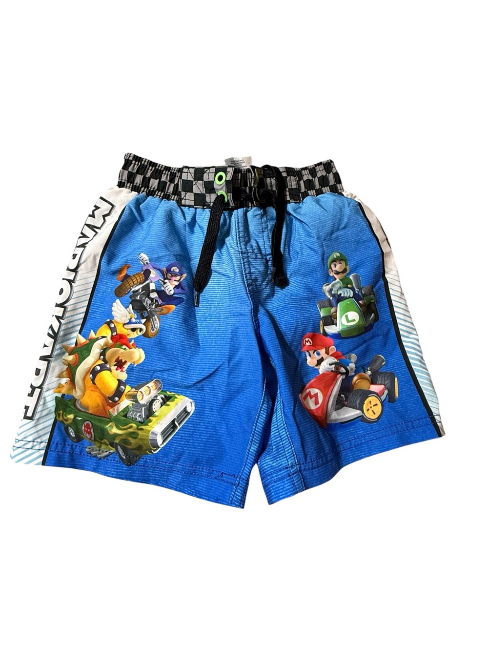 Nintendo Mario Kart Boys Swim Trunks Size 4/5 XS Blue Checkered Bathing Suit